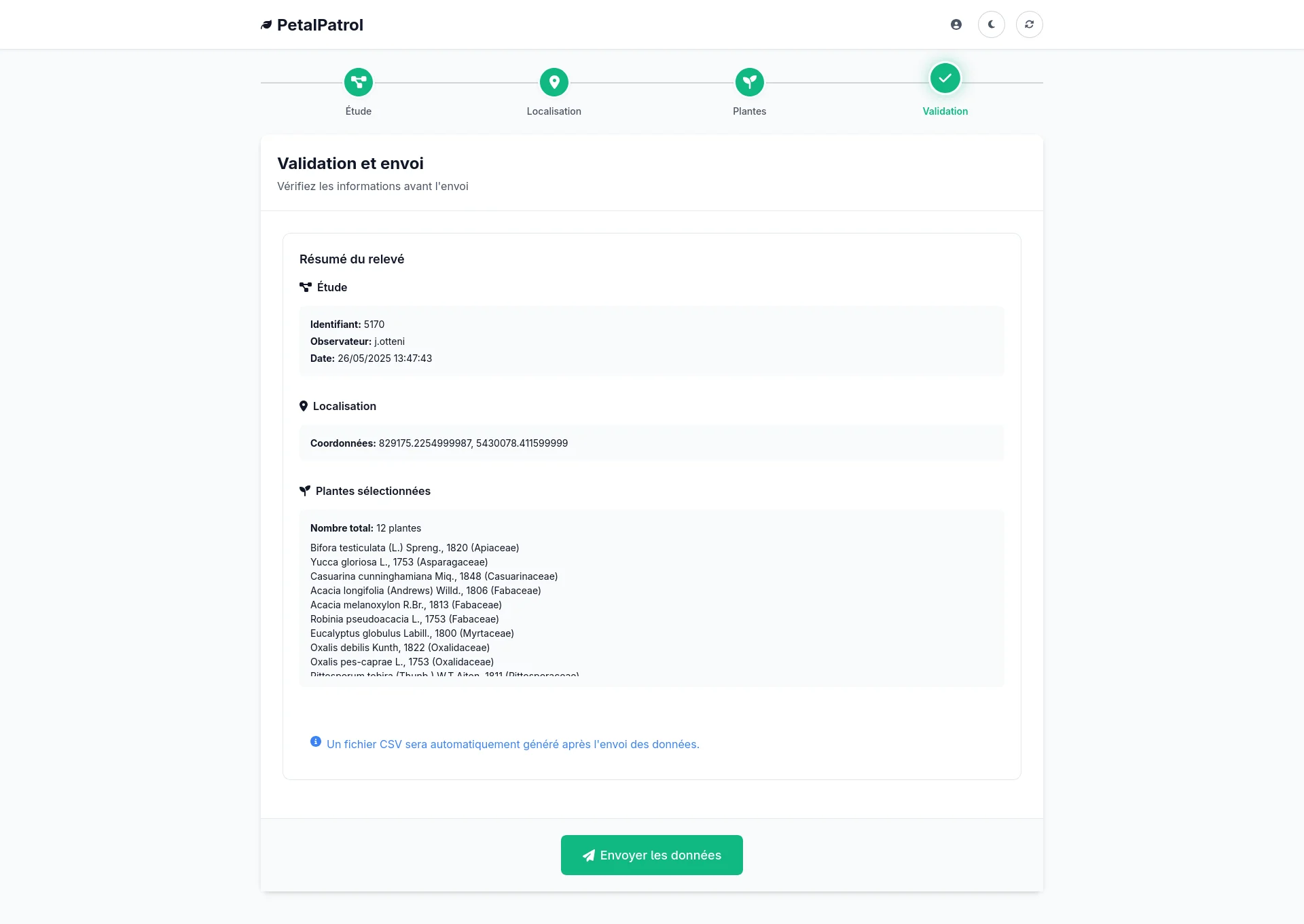 Interface de validation - Thème clair