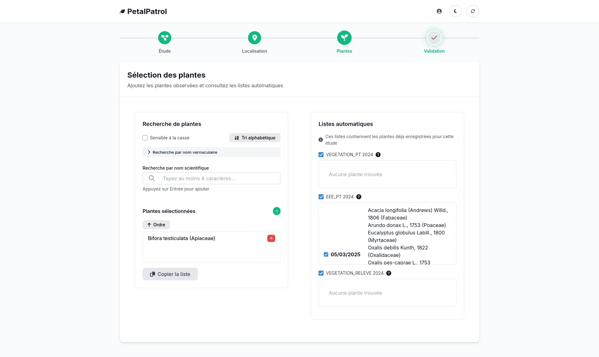 Interface de relevé - Thème clair