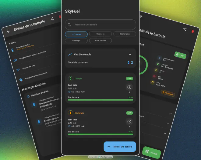 SkyFuel - Écran d'accueil et détails des batteries